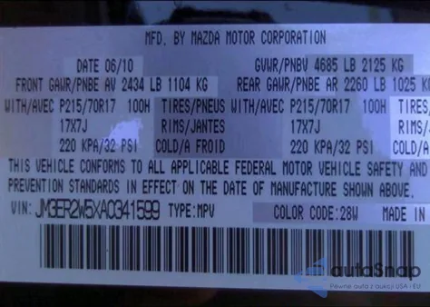 2010 Mazda Cx-7 z USA, uszkodzony, nr VIN JM3ER2W5XA0341599